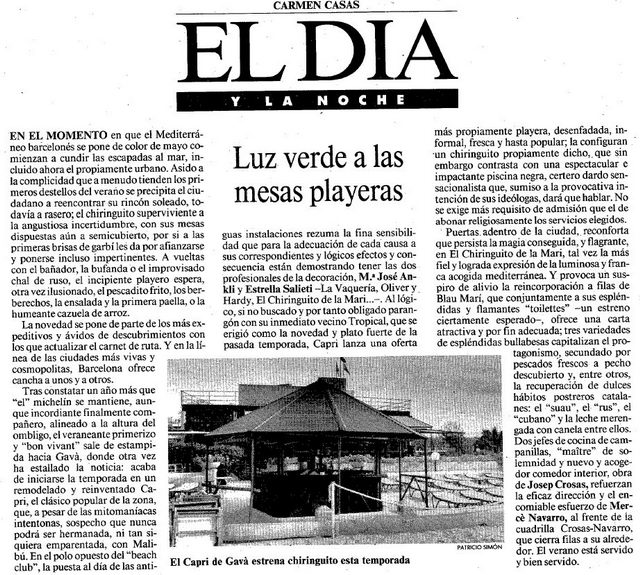 Reportatge publicat al diari La Vanguardia el 15 de Maig de 1990 sobre els banys Capri de Gav Mar i el seu nou xiringuito de platja